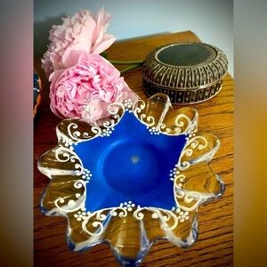Vintage Hand-Painted Glass Dish Blue and White